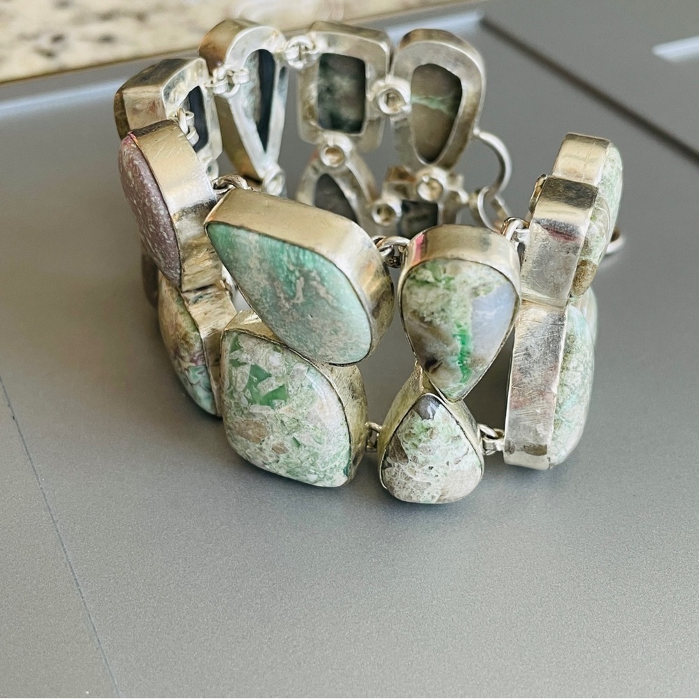 MASSIVE VARISCITE AGATE STERLING SILVER HUGE DOUBLE ROW TOGGLE CLASP BRA… - Picture 9 of 11